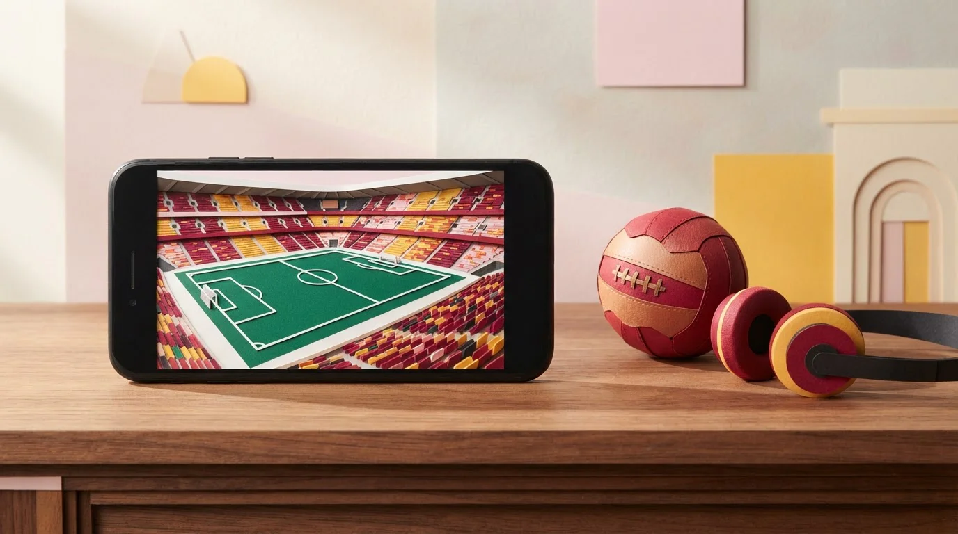Smartphone auf einem Tisch neben kleinem Fußball und Kopfhörern